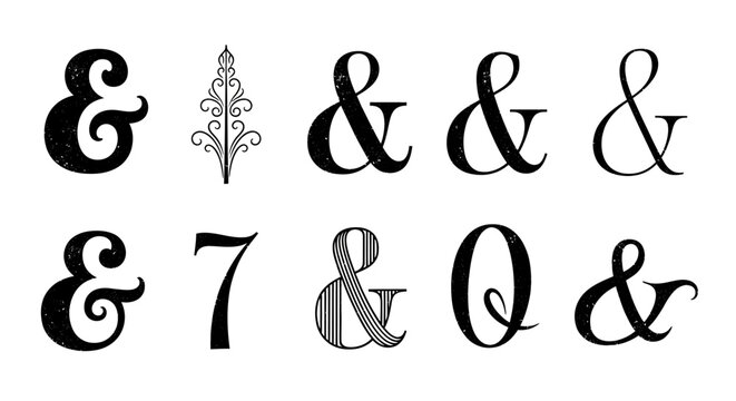 ampersand, typography, symbols, black and gray, elegant, decorative, vector icons, 7 elements