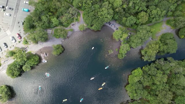 Paddle boarding on Llyn Padarn lake in Llanberis, Snowdonia, UK.