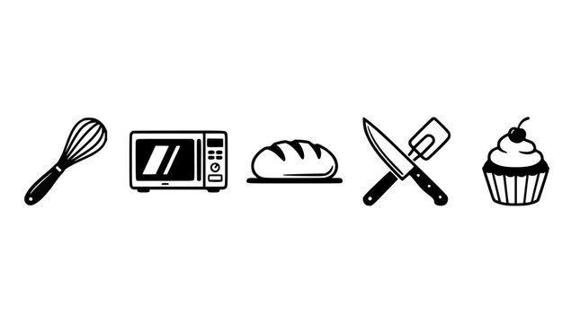 Kitchen Utensils and Food Items Including a Whisk, Microwave, Bread, Knives, and Cupcake Featuring Baking, Cooking, Tools