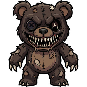 A creepy brown teddy bear with sharp teeth and a menacing grin stands alone in a dark fantasy environment.