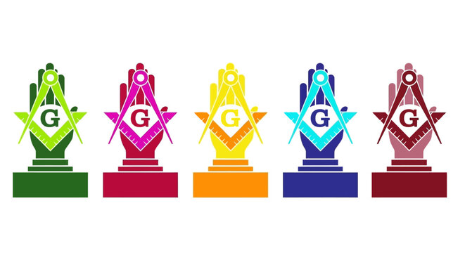Colorful Masonic symbols, G-graded awards, star emblems, vector icons, set of 5