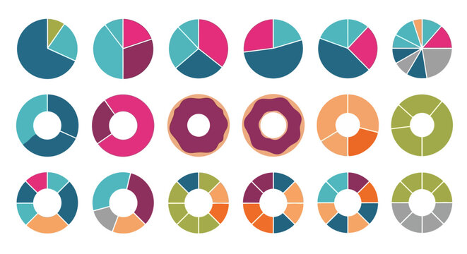Colorful pie chart icons, business infographic elements, data visualization graphics, 20 vector charts