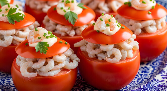 Seamless scattered tomato crevettes from Belgium, Europe  served on a traditional white and blue platter against white background