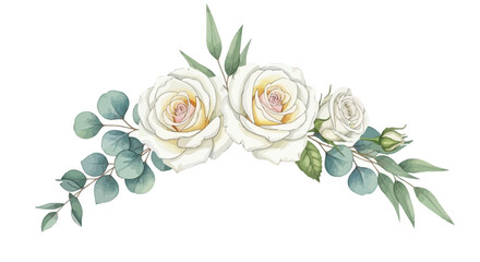 White roses, eucalyptus leaves, floral arrangement, watercolor flowers, botanical illustration, decorative border, wedding design element, floral wreath © charli