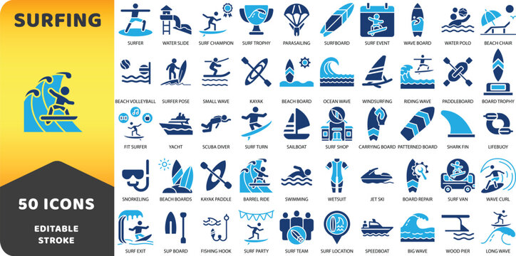 Surfing solid icon set: surfboard, ocean wave, water sports, and beach vacation vector symbols.