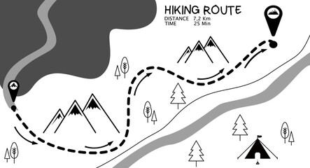 Hiking route tracking map infographic with mountains camping tent and river nature trail vector illustration featuring outdoor adventure path and location pins. © DeryXin