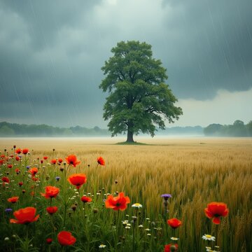 Lone tree and poppy-bordered wheat field with dramatic mood representing resilience against stormy sky [with copy space]