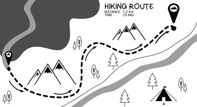 Hiking route tracking map infographic with mountains camping tent and river nature trail vector illustration featuring outdoor adventure path and location pins.