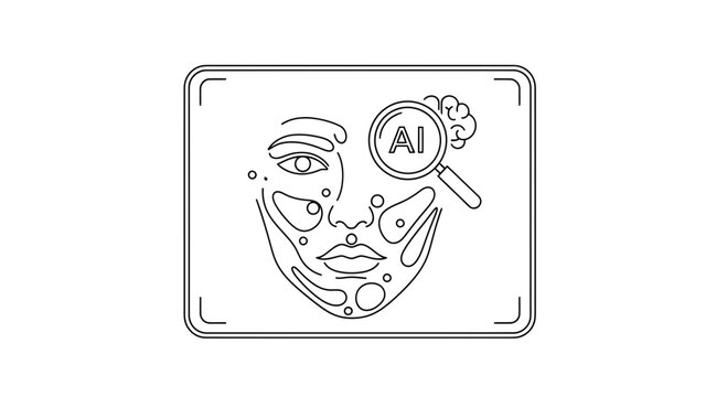 AI analyzing human face with magnifying glass, facial recognition technology concept