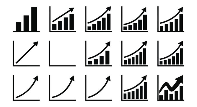 Bar graphs and line charts black vector illustrations on a white background