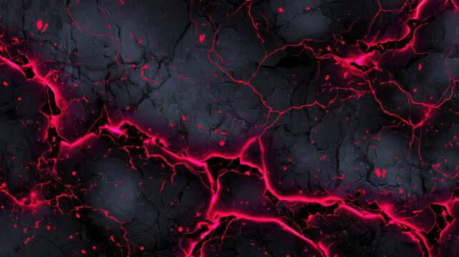 Dark cracked texture with glowing pink lava veins, abstract seamless background for dramatic surface pattern