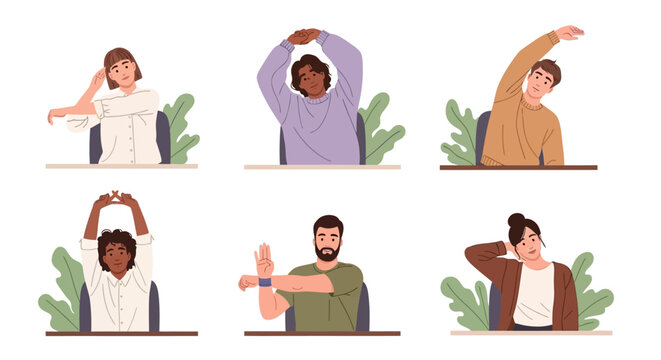 Stretching exercises, office yoga poses, desk stretches, people stretching, workplace wellness