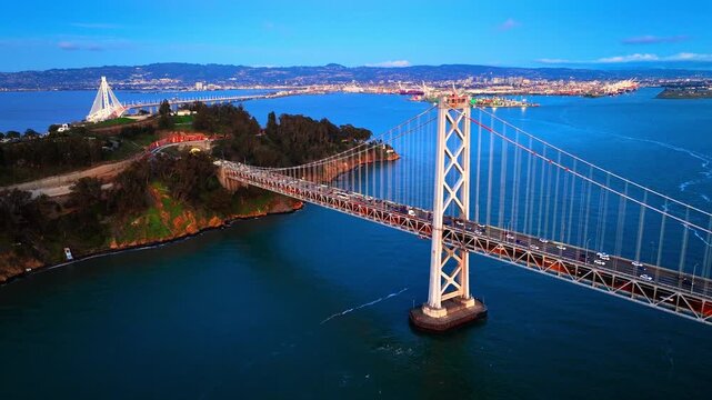 Bay Bridge eastern span and Yerba Buena Island at dusk, San Francisco. Side aerial view of suspension tower rising from dark water, island and new span left, Oakland port and hills across the bay.