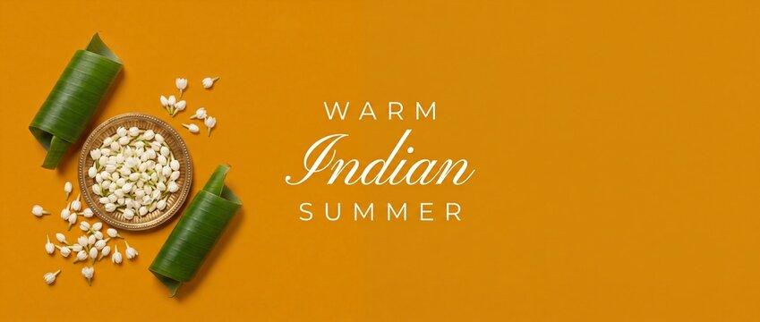 Jasmine flowers brass plate background with banana leaves and warm indian summer text, elegant minimalist flat lay for traditional wellness, spa therapy, ayurveda and festive backdrop with copy space.