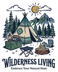 Vintage-style illustration of a wilderness living campsite featuring a decorated teepee tent, pine trees, mountain range, and camping equipment under a bright sun on white background. © Muhammad
