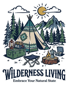 Vintage-style illustration of a wilderness living campsite featuring a decorated teepee tent, pine trees, mountain range, and camping equipment under a bright sun on white background.