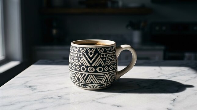Sophisticated ceramic coffee mug featuring a complex geometric black and white tribal pattern rests on a smooth white marble countertop.