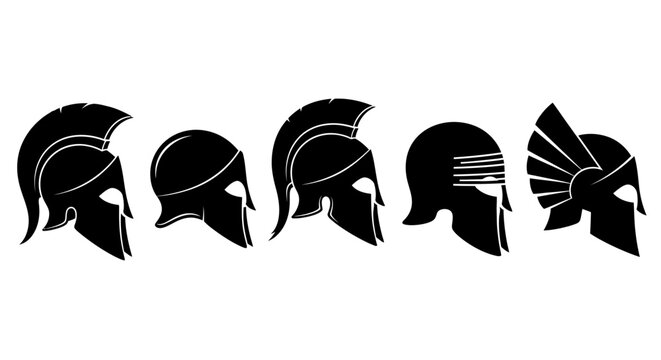 Gladiator, Spartan, Roman Helmet Icons, Black Silhouettes, Vector Graphics