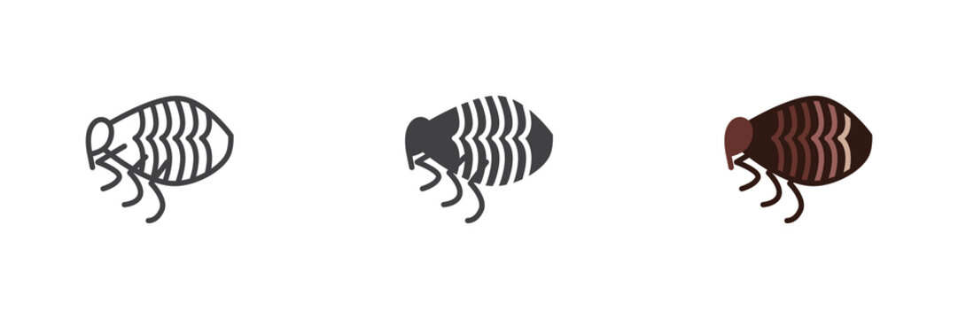 Flea pest icon, flea icon shows line flea, solid flea and flat colorful flea vector versions, a pest control sign and symbol in color for pet care.