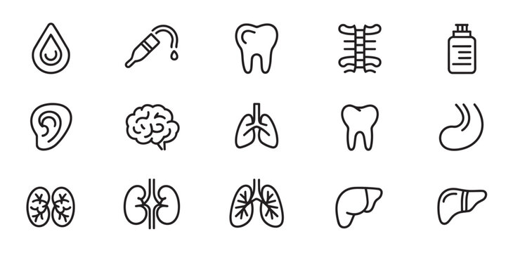 Adobe Illustrator ArtworkMedical Anatomy and Healthcare Icons Set with Organs, Dentistry, Hearing, Injection and Respiratory System