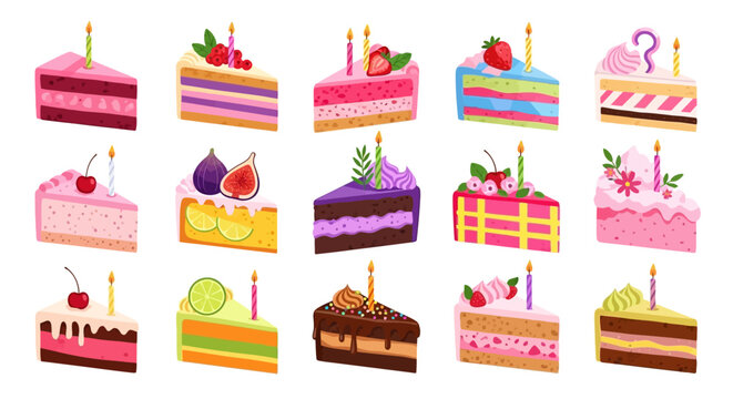 Birthday cake slices, colorful desserts, cake icons, vector illustrations