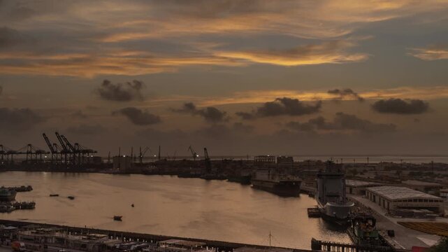 View of KPT Ground Keamari at sunset with cargo ships, cranes, and industrial infrastructure at the port in Karachi, Sindh, Pakistan.