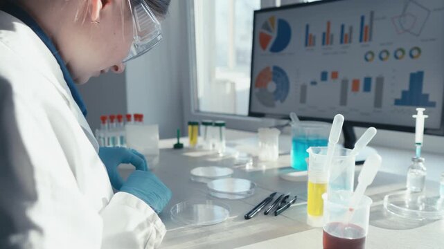Focused researcher performs laboratory experiments with petri dishes, pipettes, chemical samples in modern lab. Analytical graphs, scientific data are visible on large computer screen nearby
