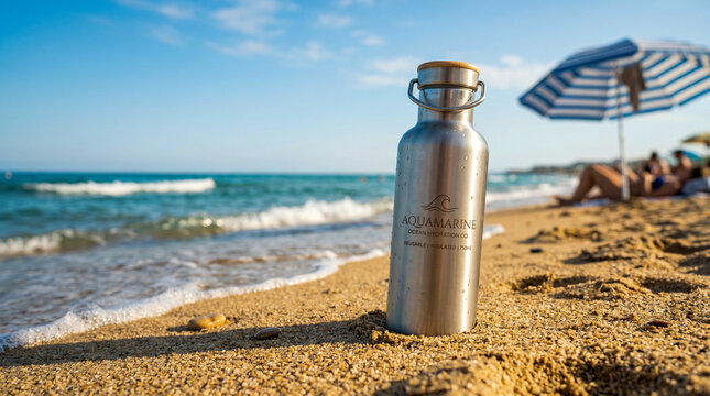 Botella reutilizable en entorno playero veraniego ideal para campa&ntilde;as ecol&oacute;gicas y branding.