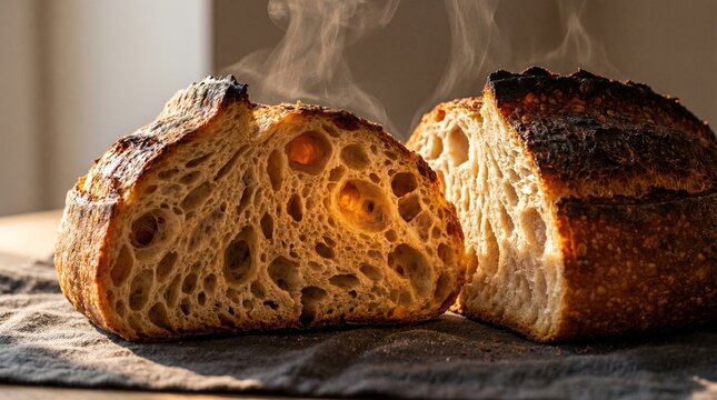Artisan Sourdough Bread Cut Revealing Open Crumb Interior on Dark Linen