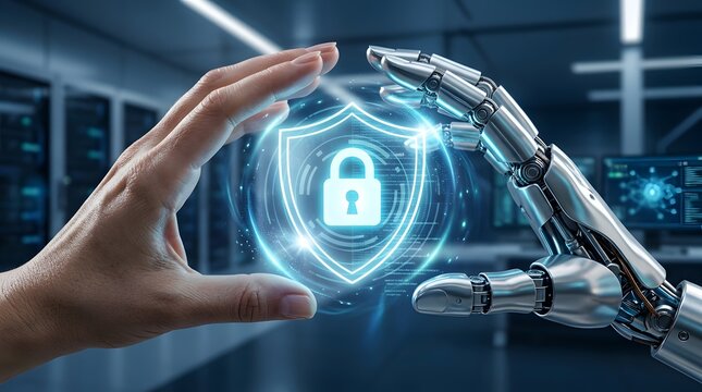 Human and robotic hands protecting a glowing digital security shield symbolizing artificial intelligence in cybersecurity
