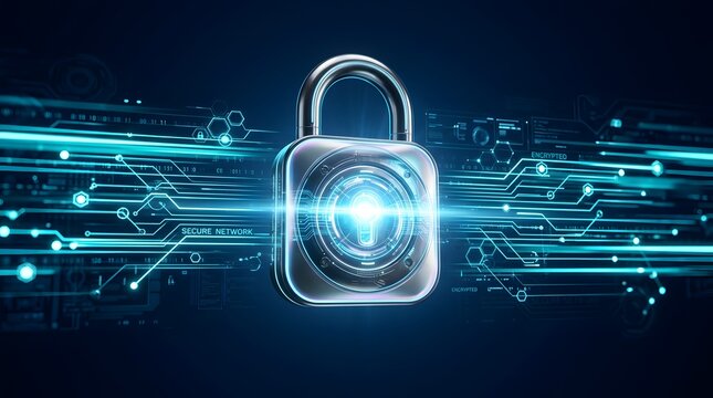 High speed digital data encryption concept featuring a glowing padlock with dynamic light trails on a dark background
