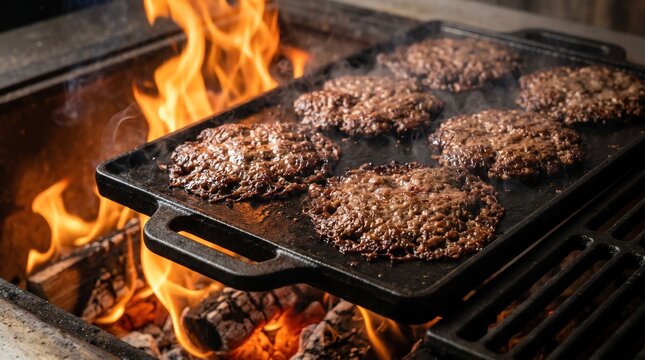 Close up view of thin crispy smashburger patties sizzling on a cast iron griddle over an open wood fire grill for a delicious backyard cookout