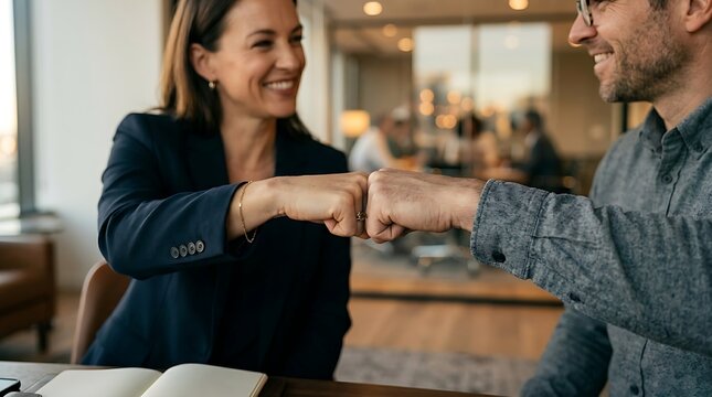 Two professionals fist bumping in modern office with warm lighting and collaborative mood
