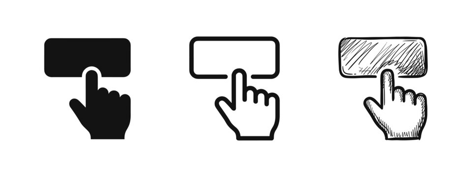 Hand touching button icon set in solid, outline, and sketch styles