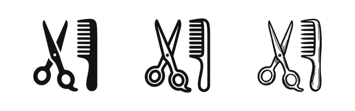 Scissors and Comb Hairdressing Icons in Solid, Outline, and Sketch Styles