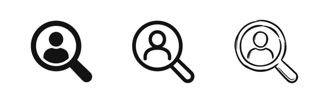 Set of user search icons with magnifying glass and human profile sign