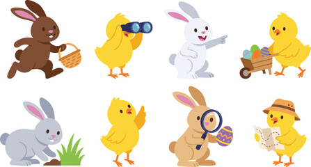 Naklejka premium Cute Easter Bunny and Chick Adventure Illustration Set with Basket Eggs Wheelbarrow and Spring Characters for Nursery and Holiday Designs