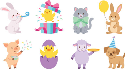 Fototapeta premium Cute Party Animal Character Set with Bunny Chick Kitten Lamb Puppy and Pig Illustrations for Birthday Celebration and Kids Designs