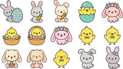 Fototapeta premium Cute Easter Bunny and Chick Character Collection with Floral Rabbits Decorative Eggs and Baby Animals for Nursery and Spring Designs