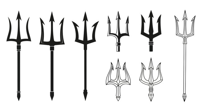Trident icons, vector tridents, mythological weapons, ancient symbols, black and white illustrations, 7 trident designs