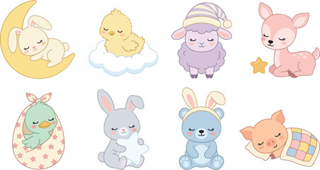 Obraz premium Cute Sleeping Baby Animal Illustration Set with Bunny Lamb Chick Deer Bear and Nursery Characters for Kids Room and Baby Designs