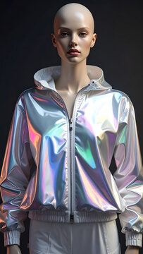 Female mannequin wearing a silver holographic hooded jacket.