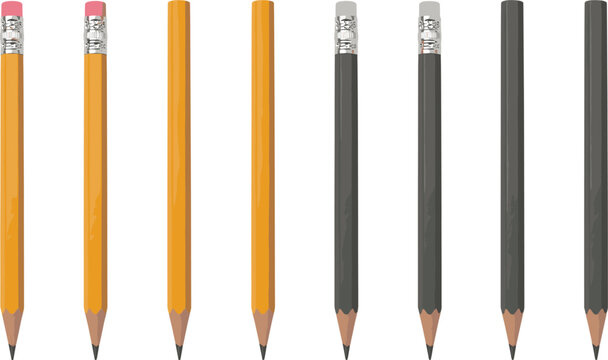 Yellow and black graphite pencils set with eraser tips concept, isolated on white background