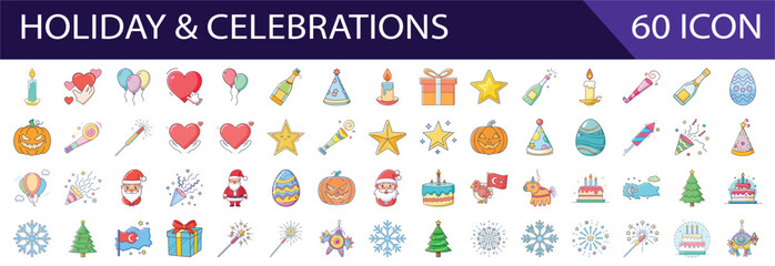 Fototapeta premium Collection of Colorful Holiday and Celebration Icons on Transparent Background