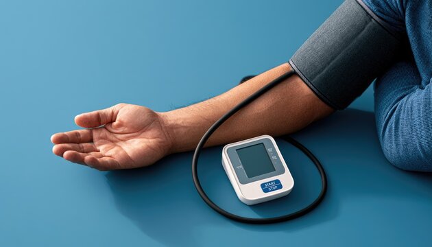 Close-up of a persons arm with a blood pressure monitor attached.