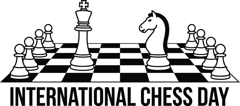 International Chess Day minimal chess board and pieces composition flat vector illustration