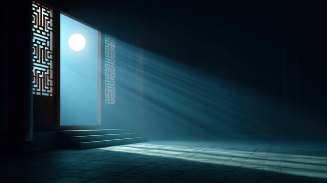 Ancient Chinese room interior night wooden window lattice moonlight blue light shadow temple hall empty room stone floor dark interior traditional architecture Asian style doorway stairs ray beam