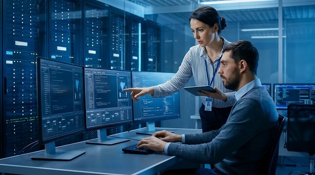 It professionals working in a server room