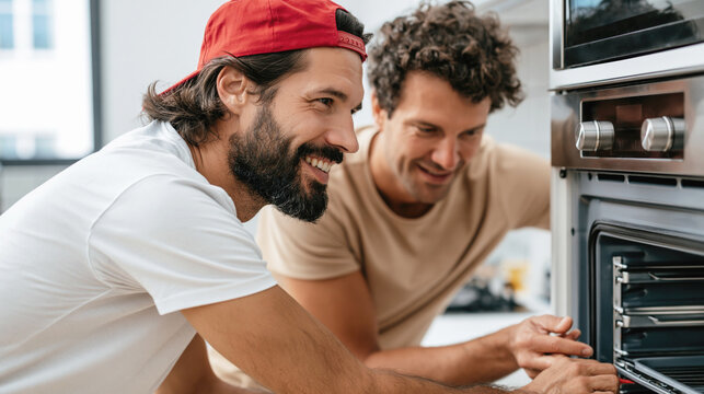 Two male kitchen assembly workers install an electric oven in a modern fitted kitchen, showing appliance setup, teamwork and home renovation service.