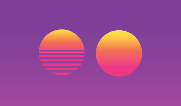 80s Sunset Retro Neon Background, 90s Electro Poster, Vintage Grid Landscape, Synthwave Space Sun Icon